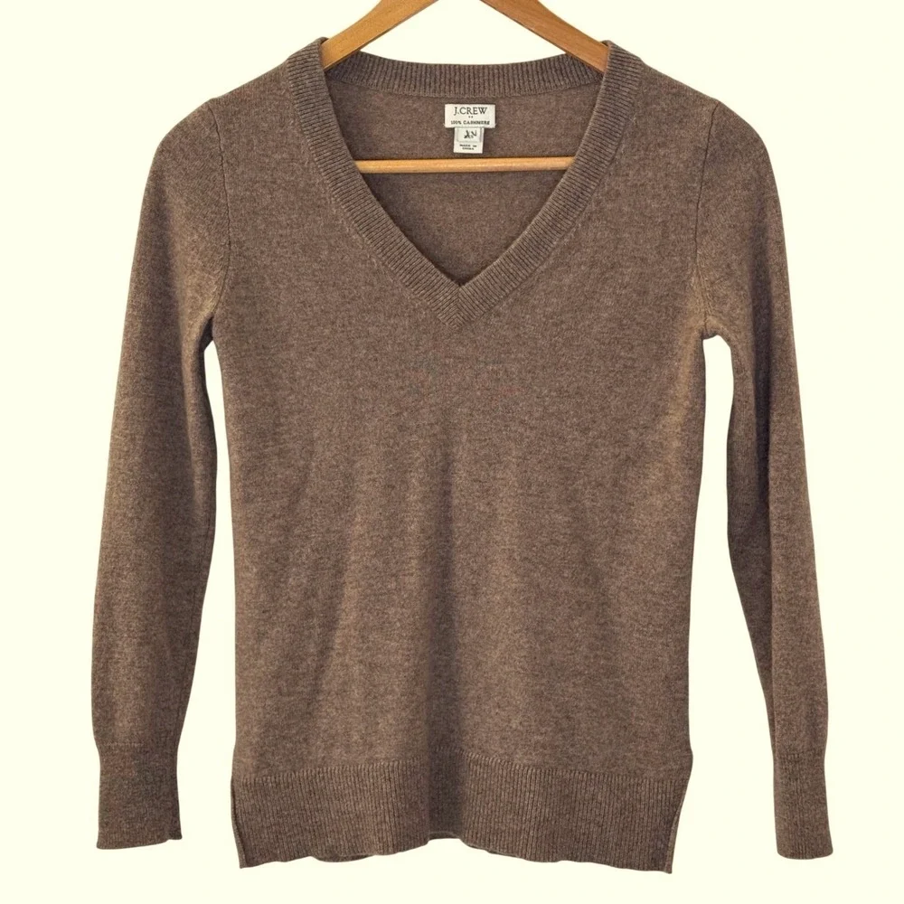 J.Crew 100% Cashmere V-Neck Sweater Women's XXS Brown Classic Soft Knit Pullover